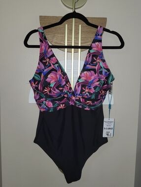 HEAT SWIMWEAR XL "Paradise Night" Tropical Floral One Piece Swimsuit Black Pink